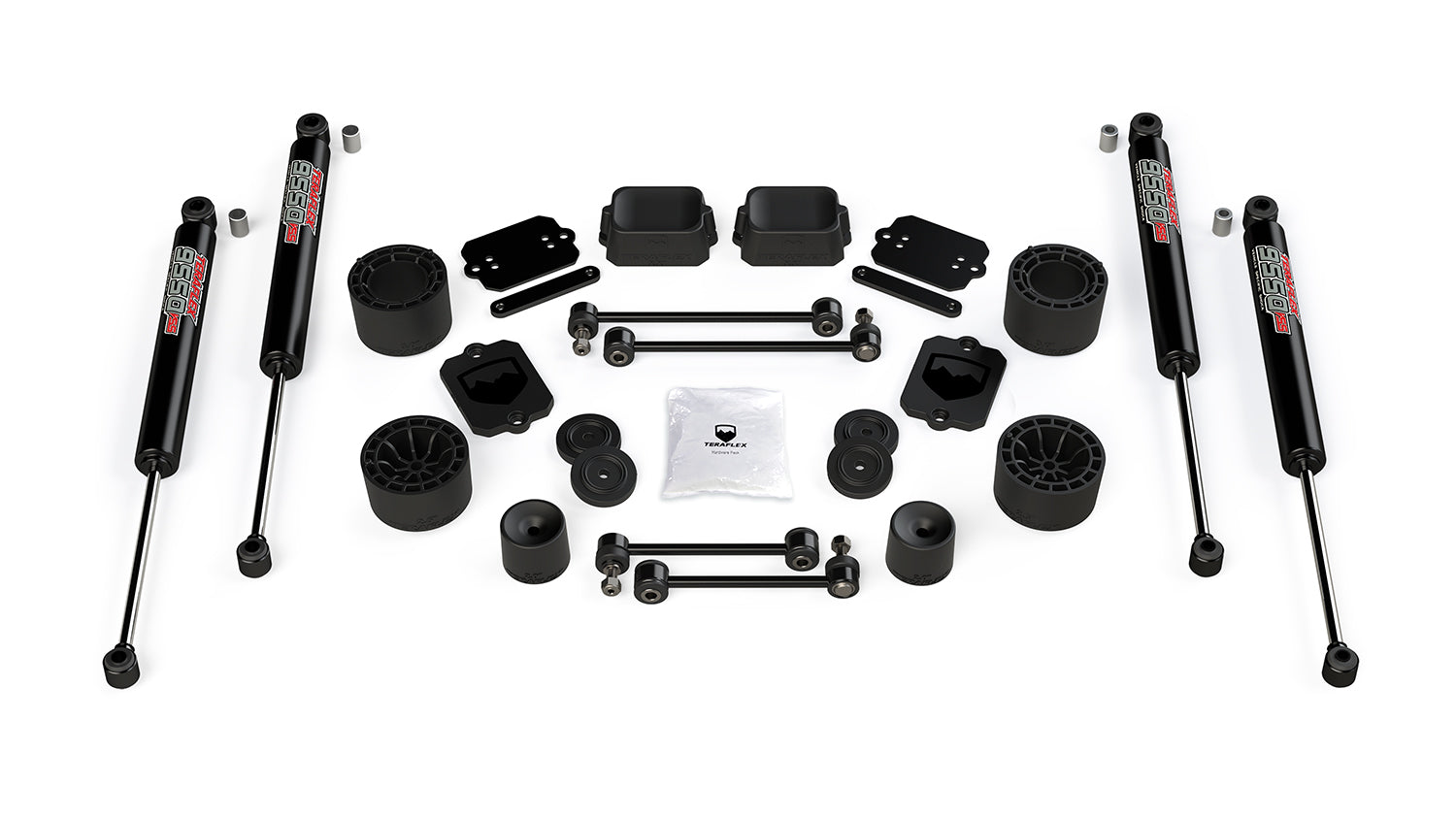 Jeep Wrangler JK/JL 4-Door 2007-2026, TeraFlex Sport/Sahara 2.5in Performance Spacer Lift Kit with 9550 VSS Twin-Tube Shocks