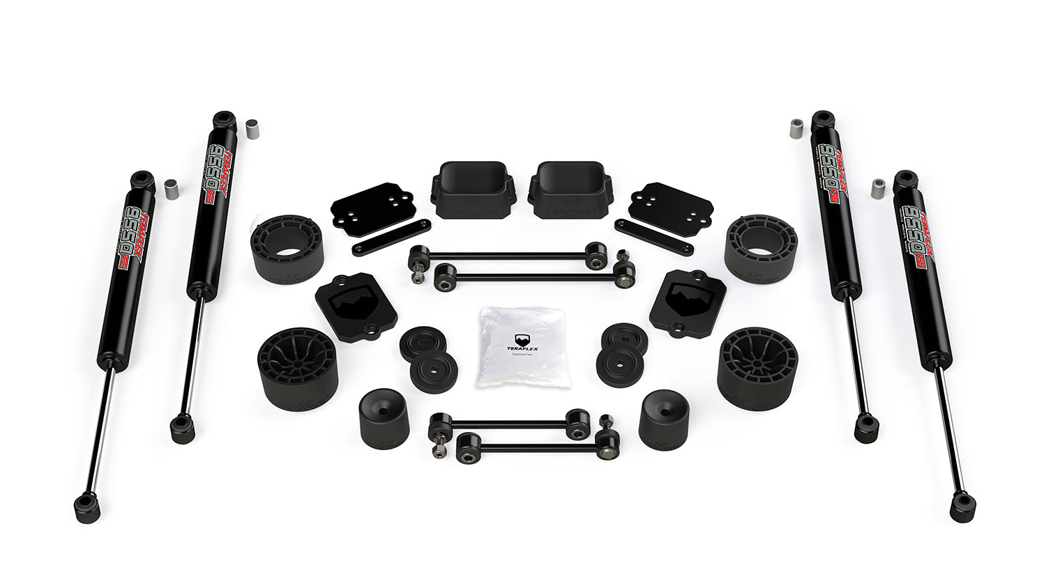 Jeep Wrangler JK/JL 2-Door 2007-2026, TeraFlex Sport/Sahara 2.5in Performance Spacer Lift Kit with 9550 VSS Twin-Tube Shocks
