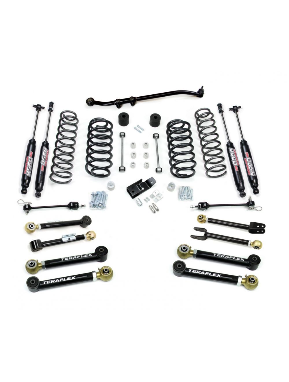 Jeep Wrangler TJ 1997-2006, TeraFlex 4in Suspension System with 8 Short Control Arms and 9550 VSS Twin-Tube Shocks