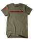 Army Green Jeep® Wrangler T-Shirt with black Wrangler logo outlined in bold red across the chest and Jeep® American flag print on the sleeve.