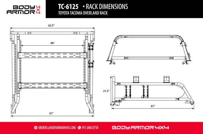 2016-23 Toyota Tacoma Body Armor 4x4 Overland Bed Rack - 5ft Bed