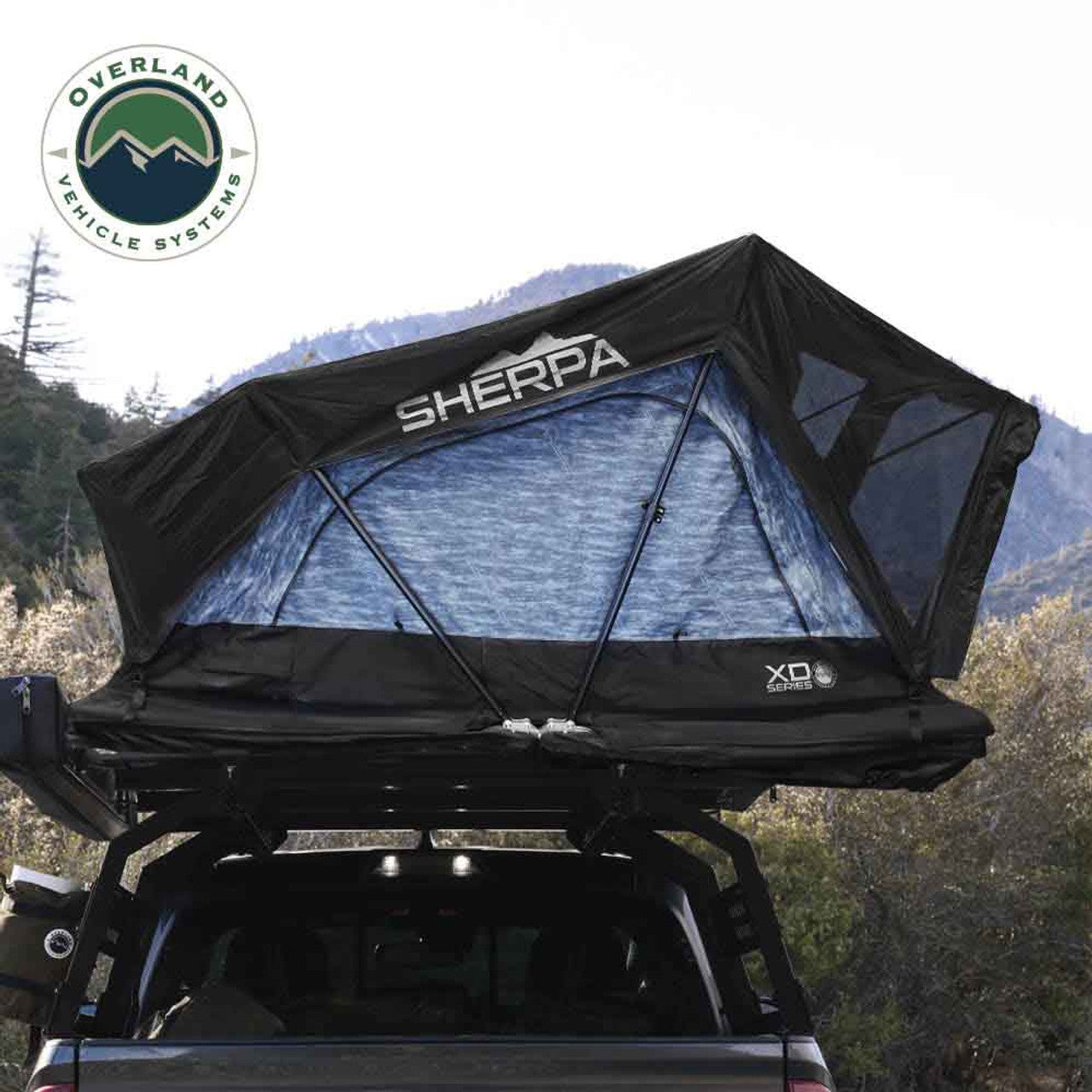 Overland Vehicle Systems XD Sherpa Solo 1 Person Hybrid Soft Shell Roof Top Tent, Blue Body & Black Rainfly