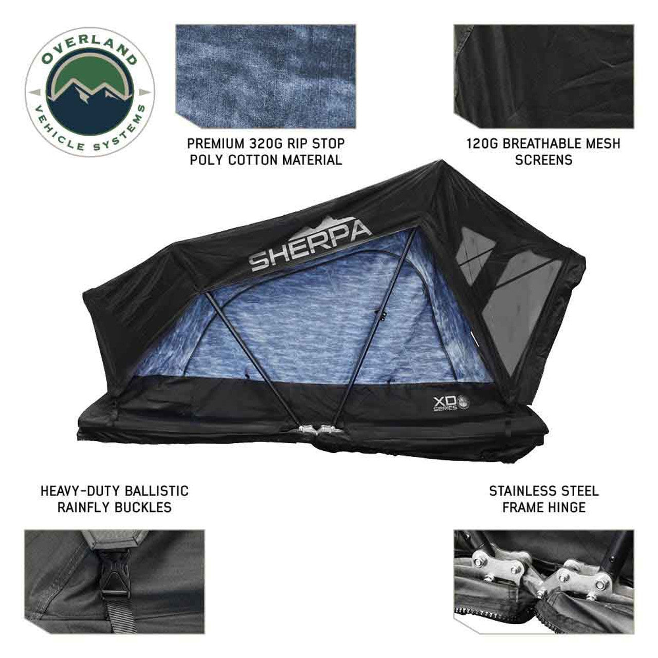 Overland Vehicle Systems XD Sherpa S2S 2 Person Hybrid Soft Shell Roof Top Tent, Blue Body & Black Rainfly