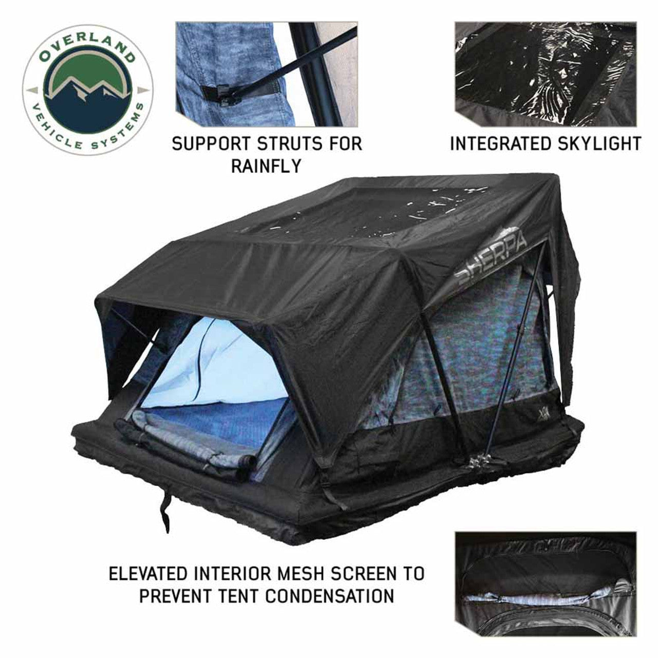 Overland Vehicle Systems XD Sherpa Solo 1 Person Hybrid Soft Shell Roof Top Tent, Blue Body & Black Rainfly