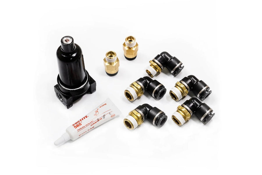 AccuAir Suspension 3/8in Dot/Ptc Fitting Kit, 50ft Airline, 3/8in NPT For Air Springs, Aluminum Filter/Trap
