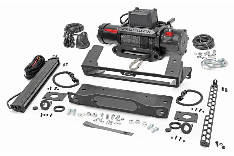 Rough Country High Winch Mount w/ PRO9500S Winch and 20in Light Bar - Bronco 2021+