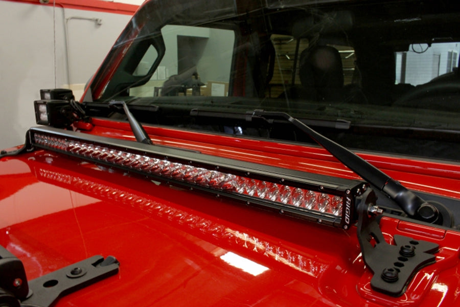 Jeep Wrangler JL & Gladiator JT Go Rhino 30in LED Light Bar Hood Hinge Mount, Pair