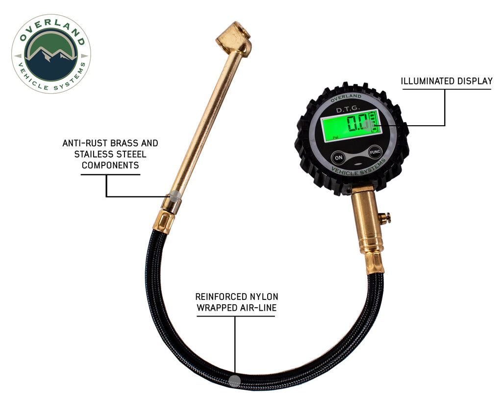 Overland Vehicle Systems Digital Tire Gauge w/ Valve Kit and Storage Bag