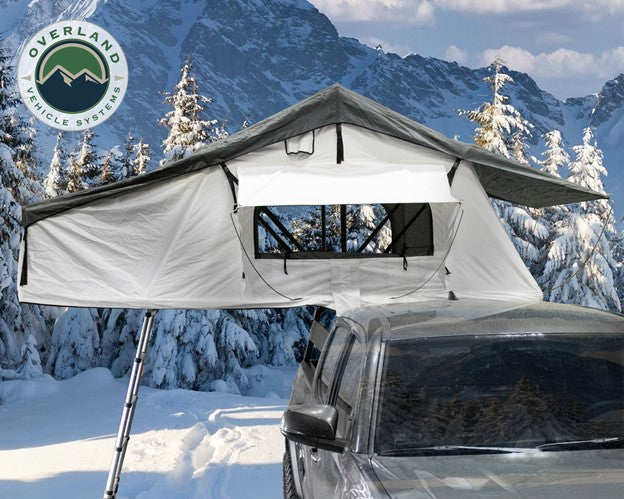 Overland Vehicle Systems Nomadic 3 Extended Roof Top Tent – White Base W/Dark Grey Rain Fly & Black Cover