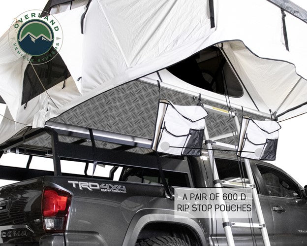 Overland Vehicle Systems Nomadic 3 Extended Roof Top Tent – White Base W/Dark Grey Rain Fly & Black Cover