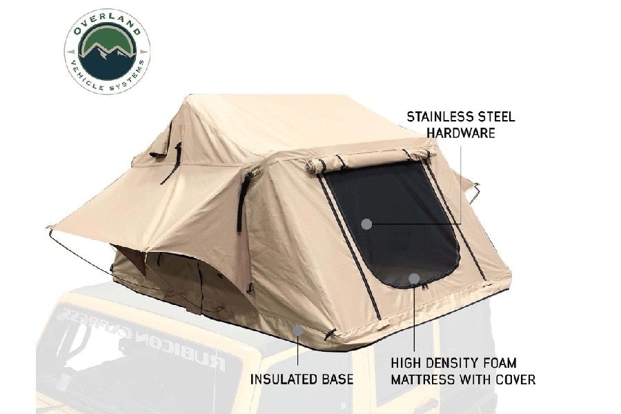 Overland Vehicle Systems TMBK 3+ Person Rooftop Tent - Tan Base, Green Rain Fly
