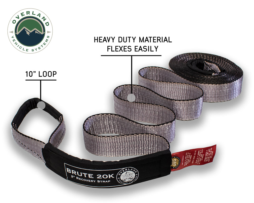 Overland Vehicle Systems 20,000lb 2in x 30ft Tow Strap - Gray w/ Black Ends