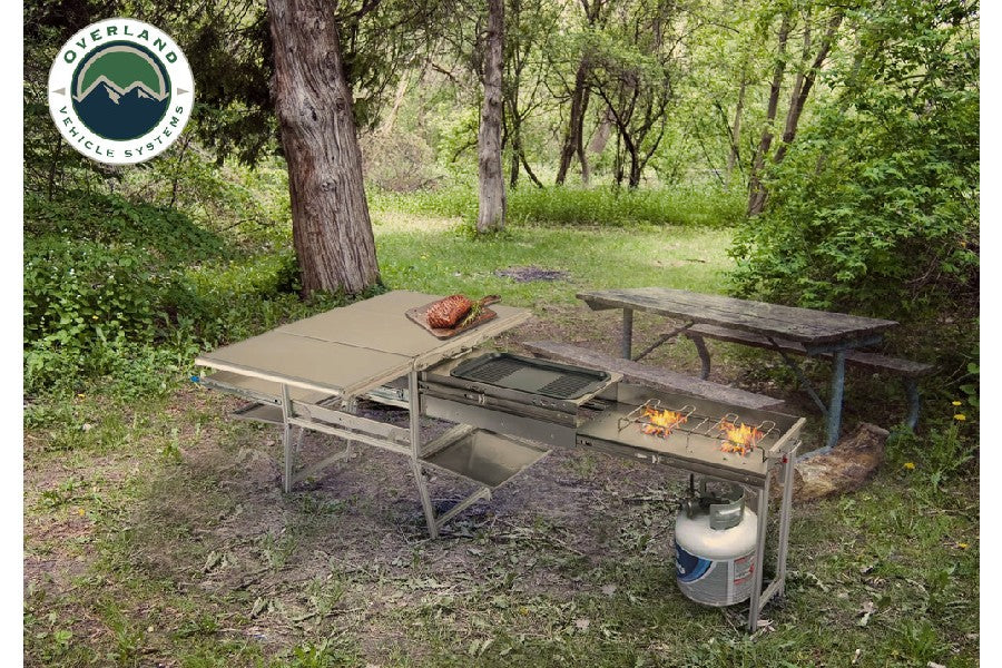 Overland Vehicle Systems Komodo Camp Kitchen -  Dual Grill, Skillet, Folding Shelves,  and Rocket Tower - Stainless Steel