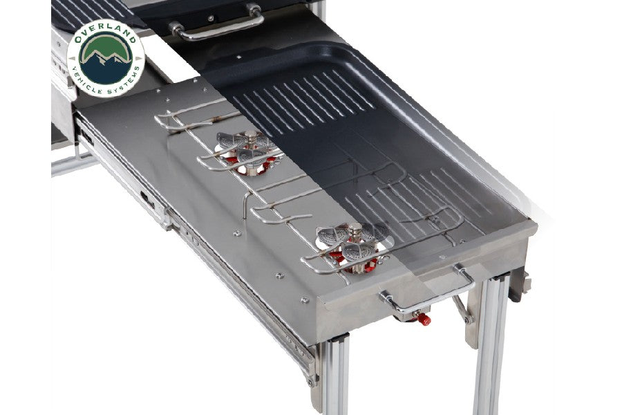 Overland Vehicle Systems Komodo Camp Kitchen -  Dual Grill, Skillet, Folding Shelves,  and Rocket Tower - Stainless Steel